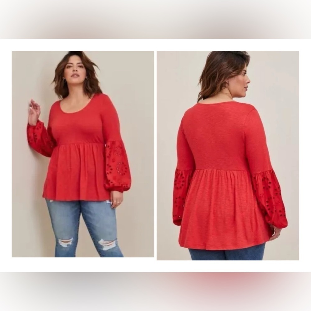 torrid Red Babydoll Top with Embroidered Balloon Sleeves